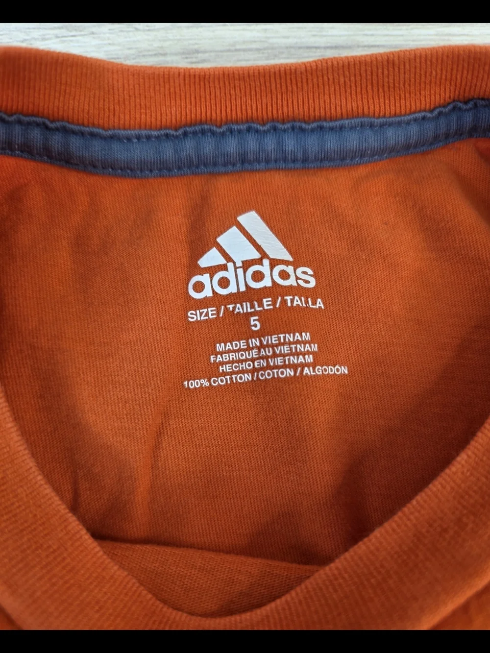 Boys 5 Adidas Orange Long Sleeve Tee with Navy & White Logo